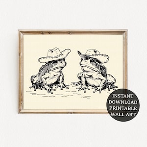 Ilustraciones imprimibles de rana vaquera / Ranas de dibujos animados en blanco y negro / Descarga digital / Decoración de pared divertida / Rana caprichosa / Múltiples relaciones de aspecto
