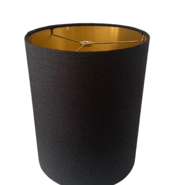 One Black Linen Drum Lampshade- Gold Brushed Lining-Washer Spider Fitting-9" diameter x 11" height