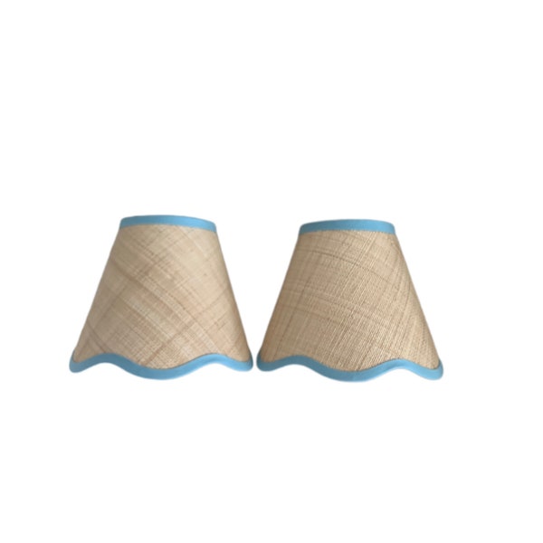 Pair of Scalloped Beige Raffia Sconce Shades with Blue Bell Trim- Chandelier Clip On Fitting- 3"Top Dia x 5.5"Bot Dia x 5"H