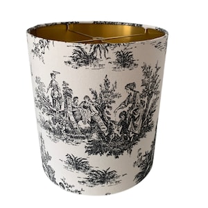 One Black/white colonial toile linen Drum Lampshade- Gold Brushed Lining-Washer Spider Fitting-10&quot; diameter x 11&quot; height