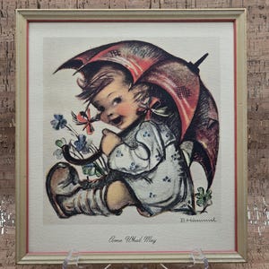 ヴィンテージ 1943 フンメルプリント：傘を持つ少女、額入り ARS SACRA Dubler ウォールアート