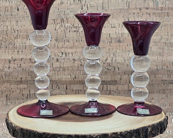 Vintage Mikasa Cranberry Glass Candle Holder Set: Ruby Red & Clear, Set of 3