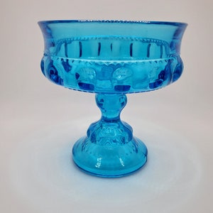 Vintage Indiana Glass Blue Thumbprint Kings Crown Pedestal Candy Dish