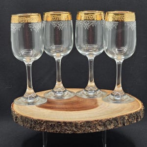 Vintage Cellini Etched Crystal Wine Glasses: 24k Gold Rim, Set of 4