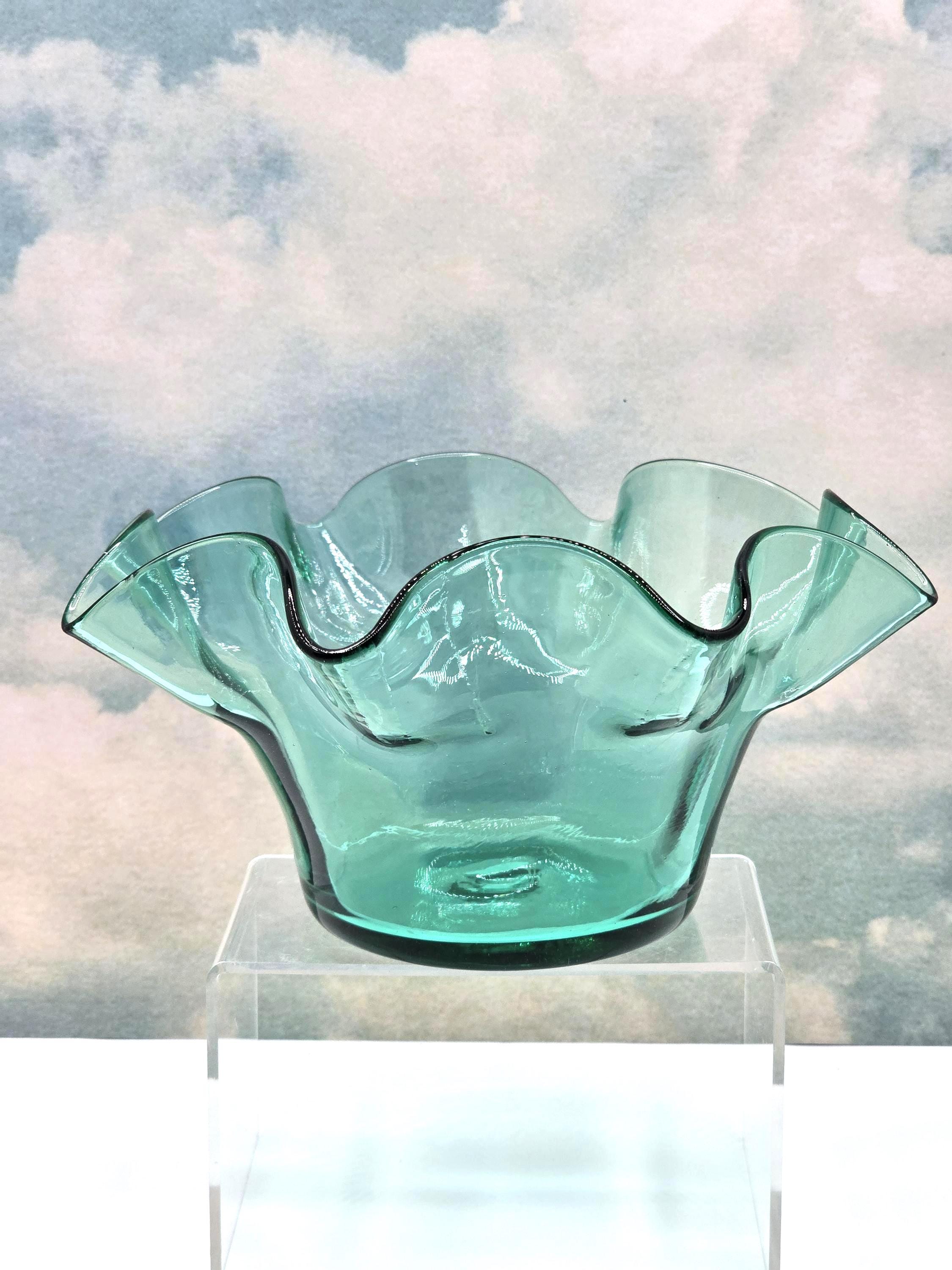 Vintage Blenko Sea Green Ruffle Glass Bowl: 1953 Mid-century Art