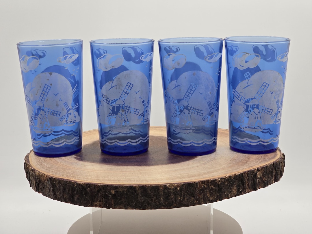 Vintage Hazel Atlas Cobalt Blue Windmill Juice Glasses - 1930s Set
