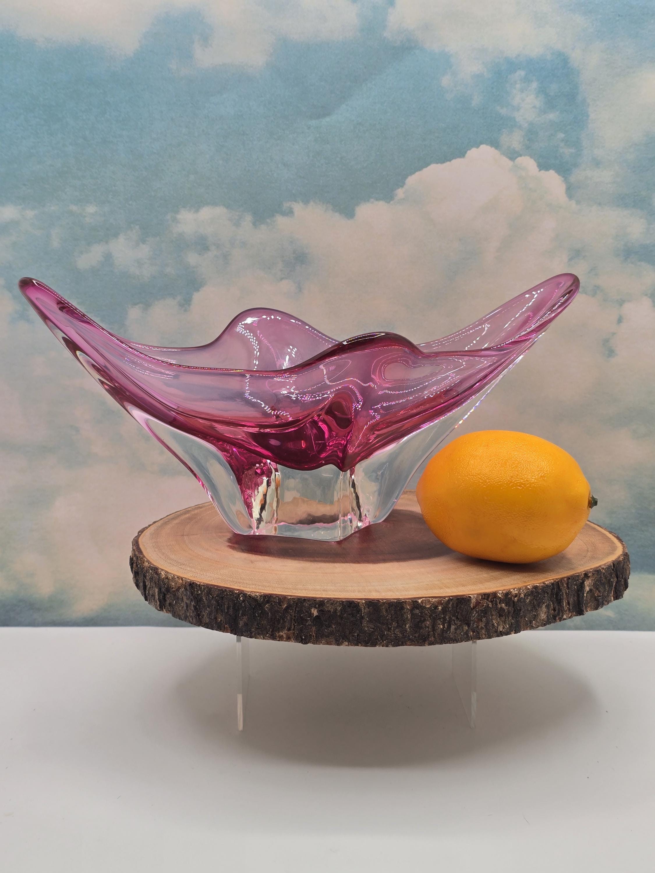 Vintage Murano Italian Pink Art Glass Bowl – Sommerso Base, Winged