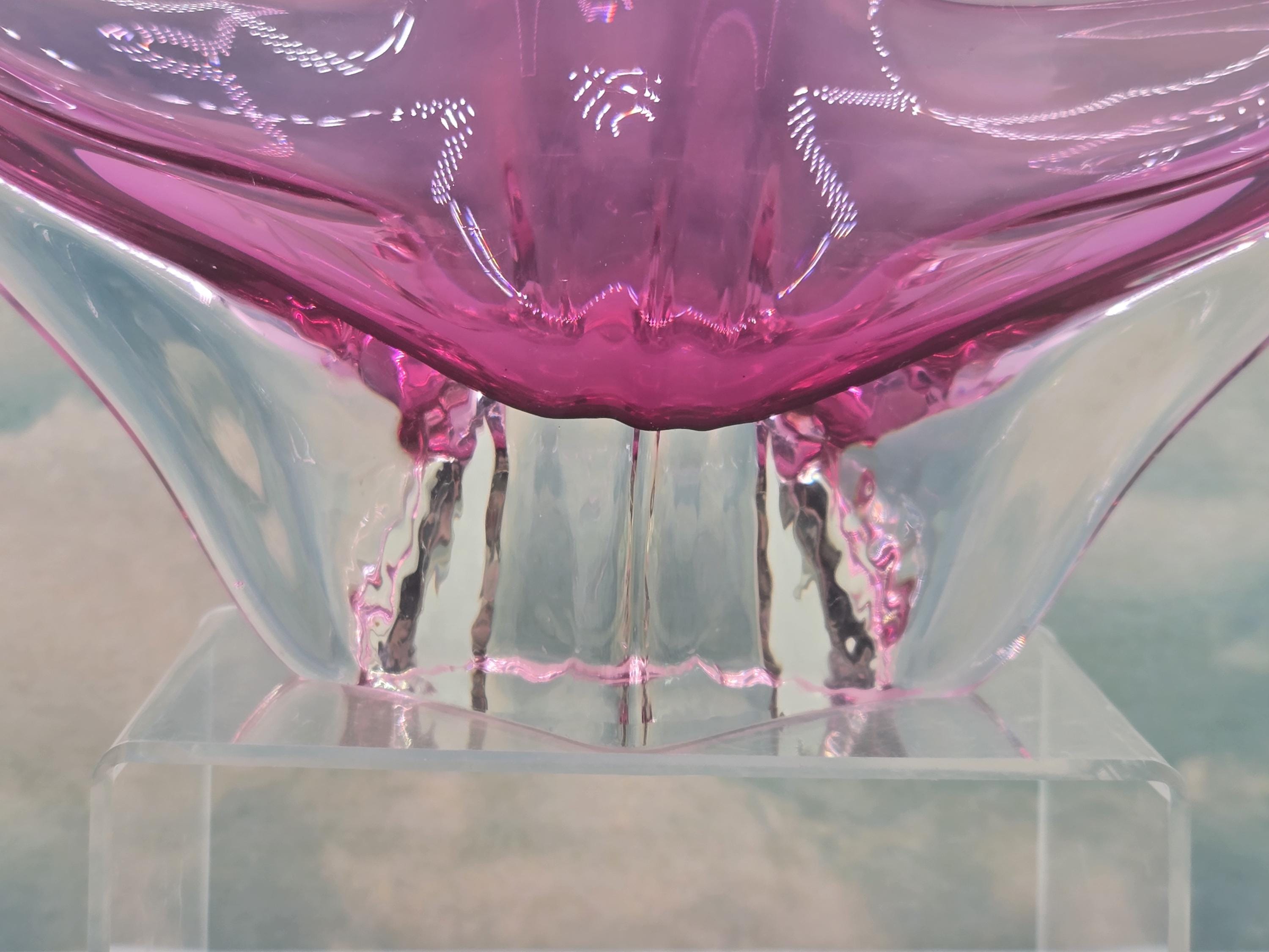 Vintage Murano Italian Pink Art Glass Bowl – Sommerso Base, Winged