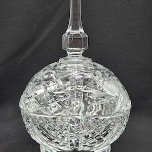 Vintage Lead Crystal Candy Dish: Hobstar Cut Glass Jar, MCM Decor