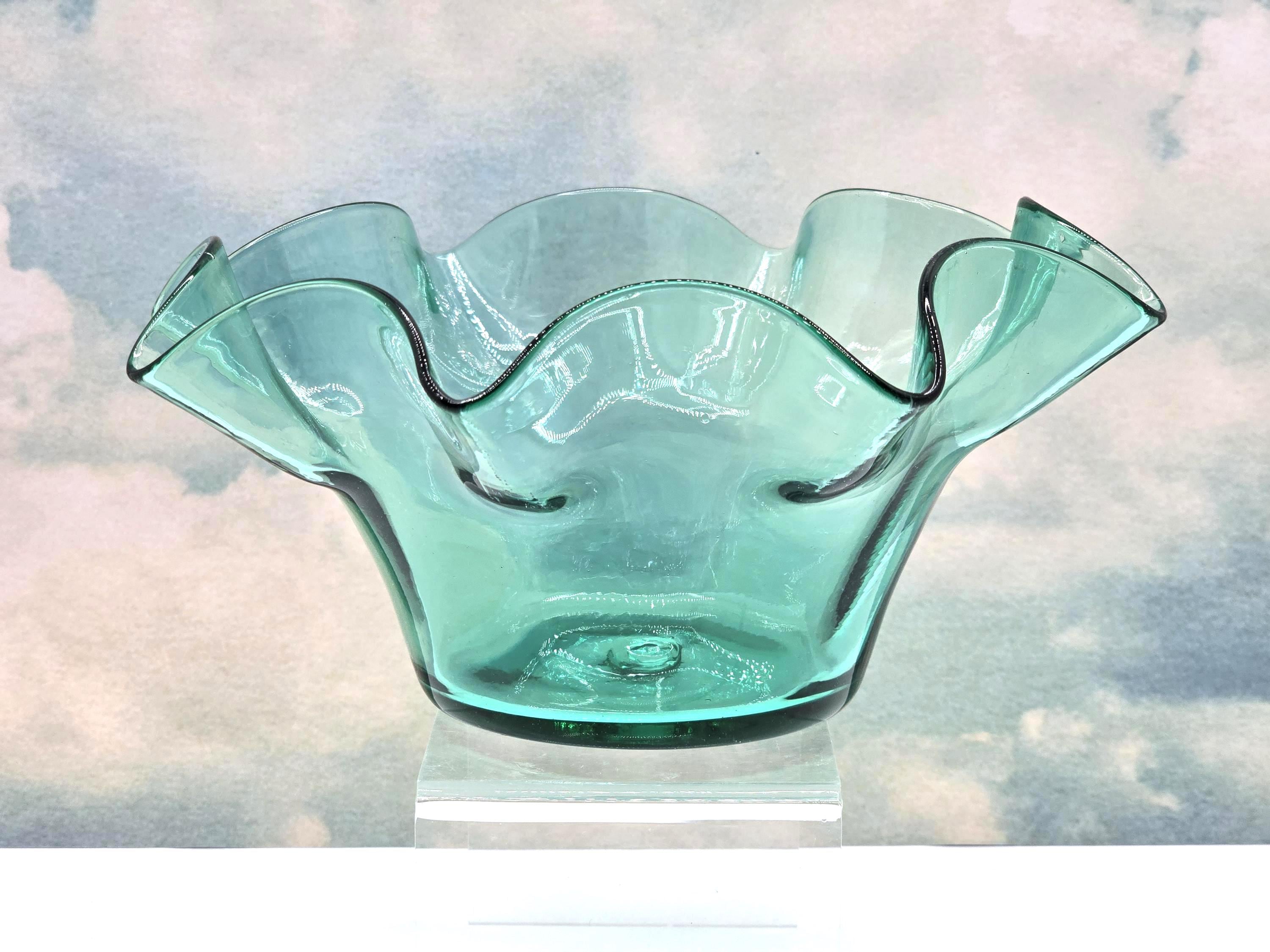 Vintage Blenko Sea Green Ruffle Glass Bowl: 1953 Mid-century Art
