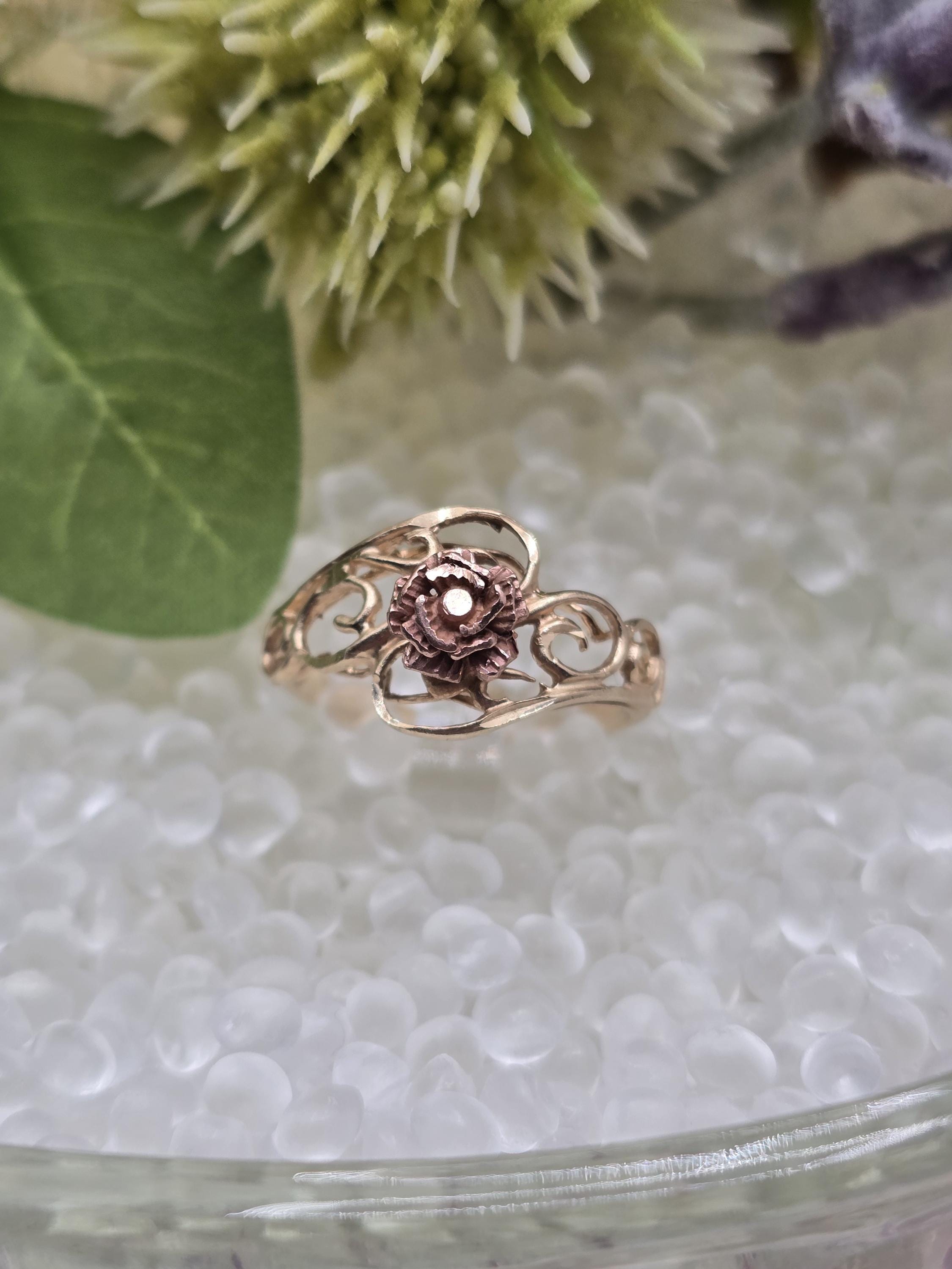 Vintage 14k Black Hills Gold Ring: Hand-carved Rose, Filigree