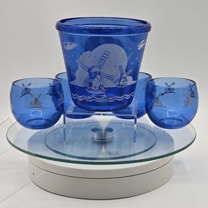 Vintage Bar Set - 1930s Hazel Atlas Cobalt Blue Windmill Ice Bucket & Roly-Poly Tumblers – 5-Piece