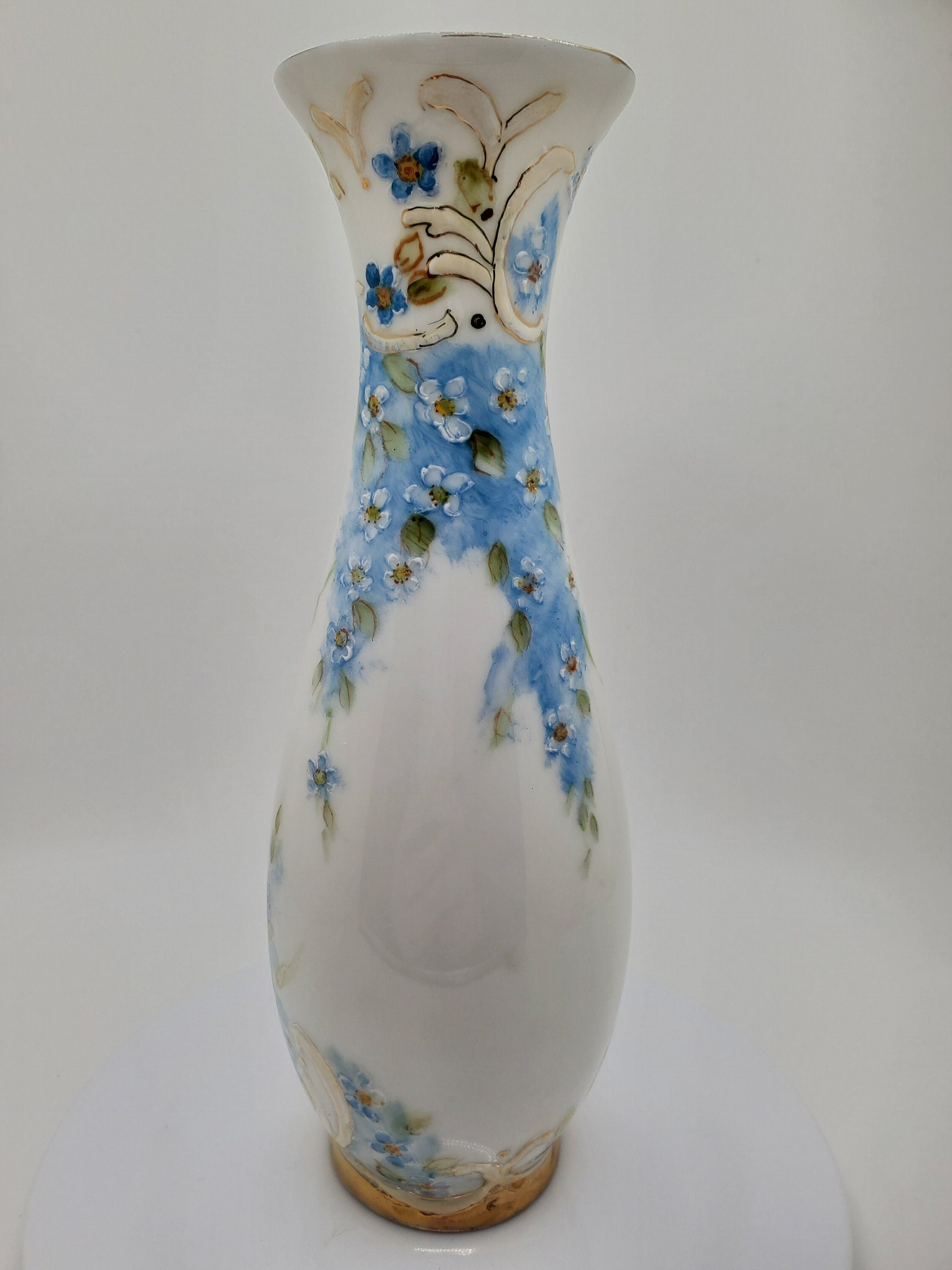 水色の花瓶 陶器製 金色装飾 ジョイ・ブリガム作、ヴィンテージ22カラットゴールドのエレガントな