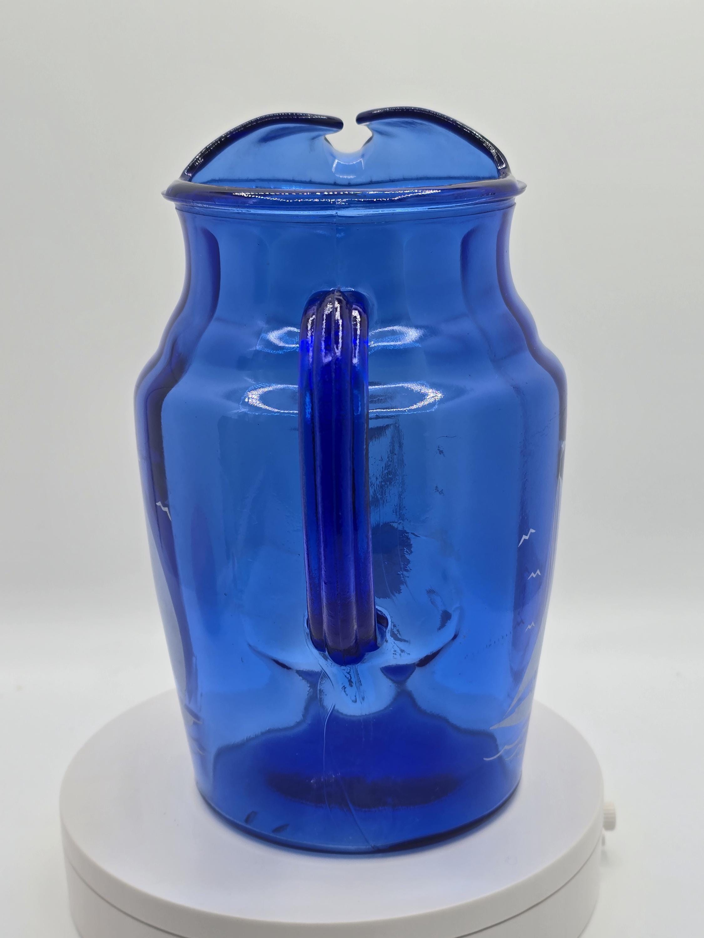 Vintage Hazel Atlas Cobalt Pitcher: 1940s Sportsman Sailboat