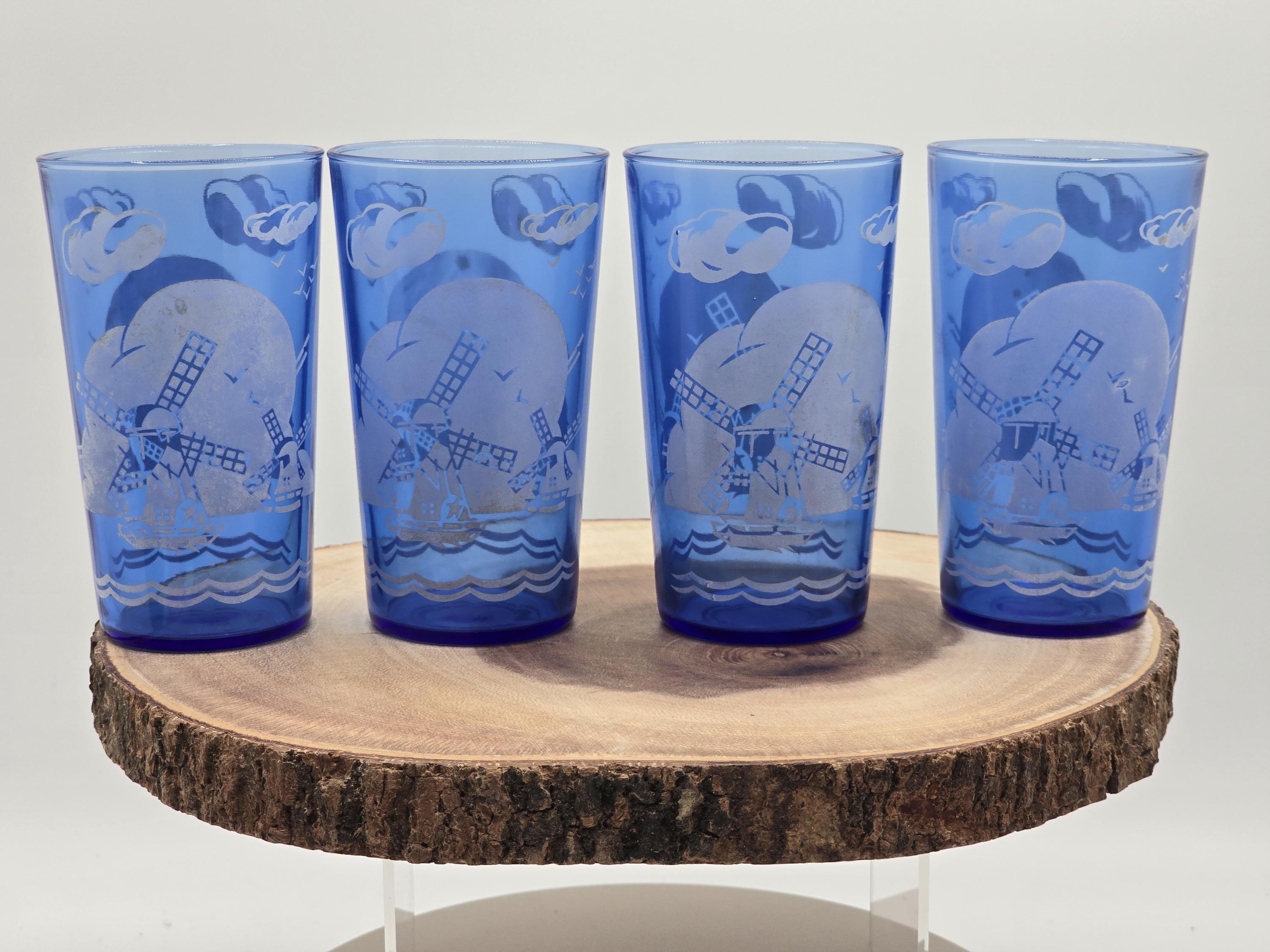 Vintage Hazel Atlas Cobalt Blue Windmill Juice Glasses - 1930s Set