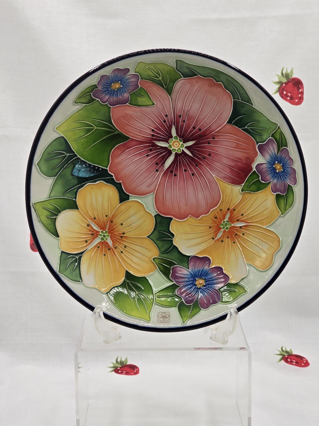 【mkuさま】vintage plate ❀ ステンシルフラワー 深皿 Vintage Hand Painted Floral Plate - Jeannette Mccall Blue Sky