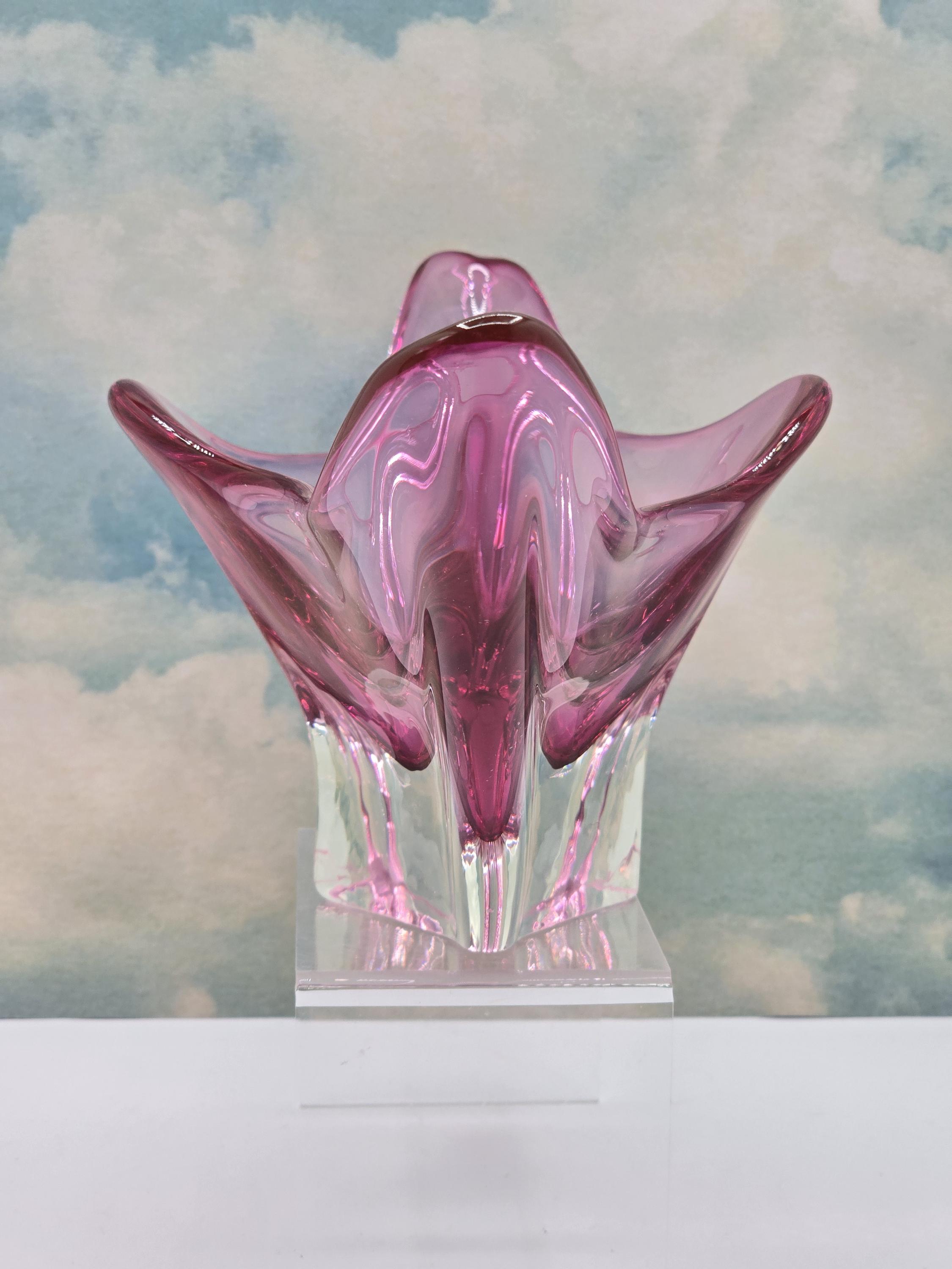Vintage Murano Italian Pink Art Glass Bowl – Sommerso Base, Winged