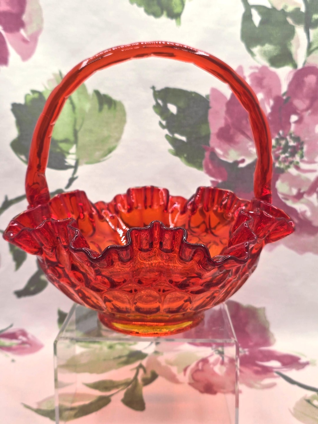 Vintage Fenton Amberina Thumbprint Basket, 8