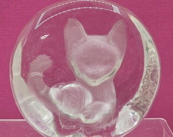 Pisapapeles vintage de cristal de Zajecar con forma de gato: gatito grabado, fabricado en Yugoslavia