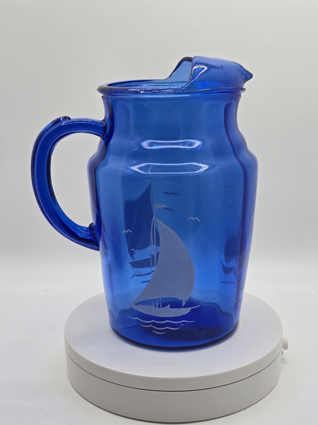 Vintage Hazel Atlas Cobalt Pitcher: 1940s Sportsman Sailboat