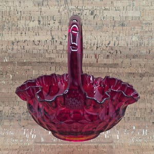 Vintage Fenton Ruby Red Thumbprint Basket: 1970s Art Glass with Crimped Handle