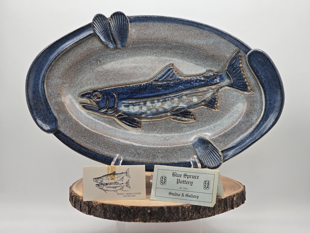 Vintage Blue Spruce Pottery Trout Fish Display Platter – Hand