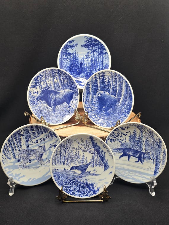 Vintage Porsgrund Norwegian Wildlife Plates: Blue & White