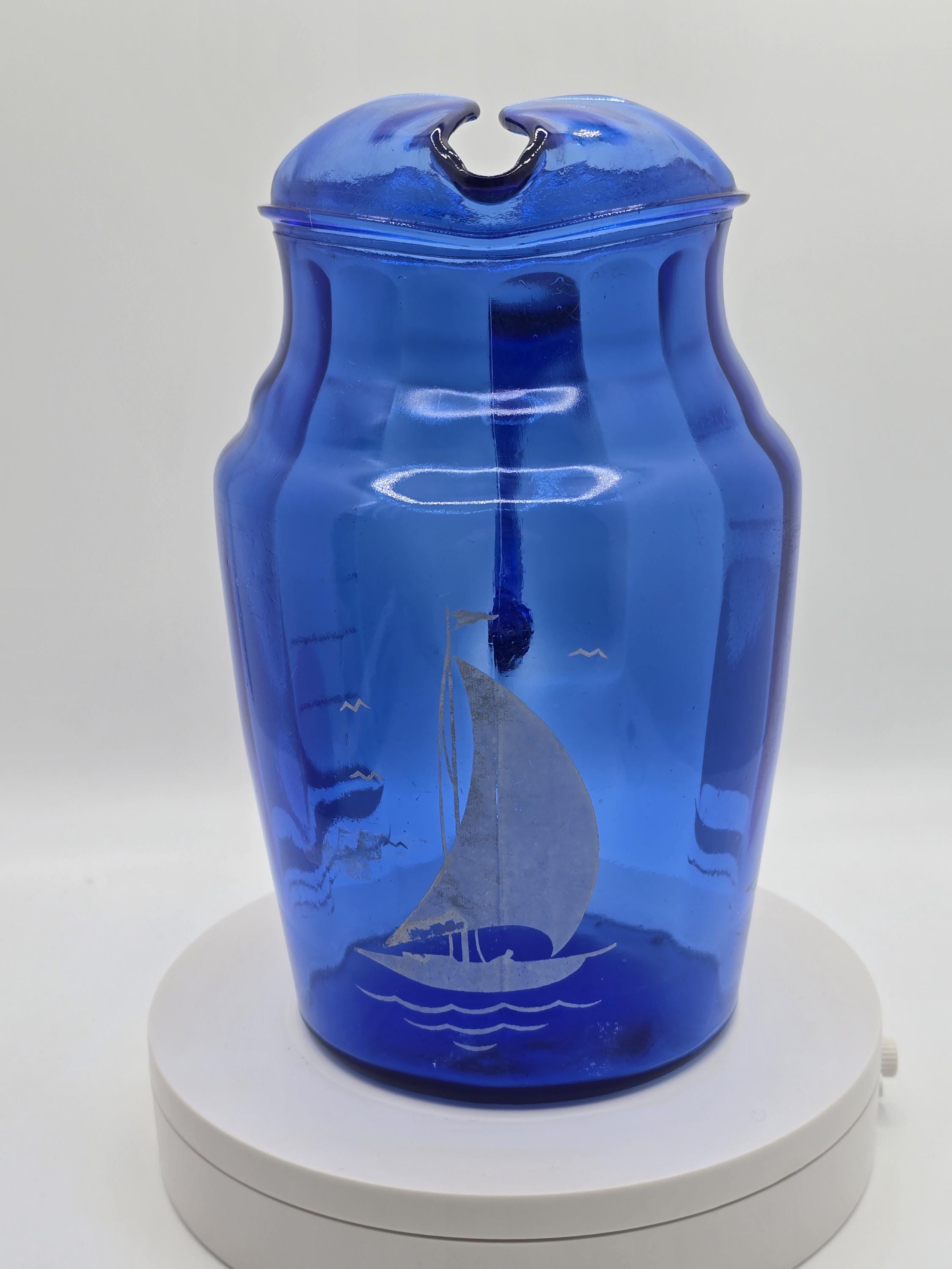 Vintage Hazel Atlas Cobalt Pitcher: 1940s Sportsman Sailboat