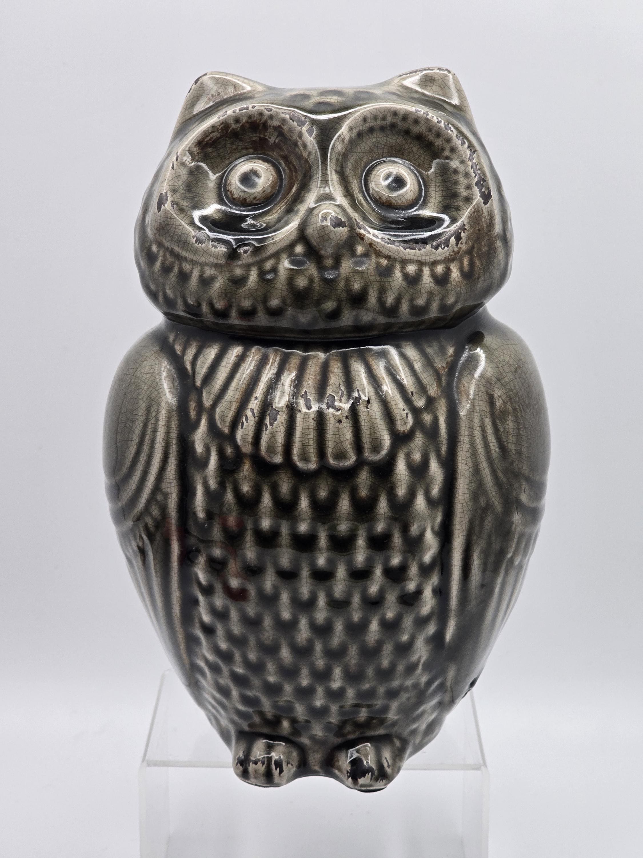Vintage Style Owl Home Decor - Distressed Ceramic Owl Figurine – Grey and Brown Rustic Mod