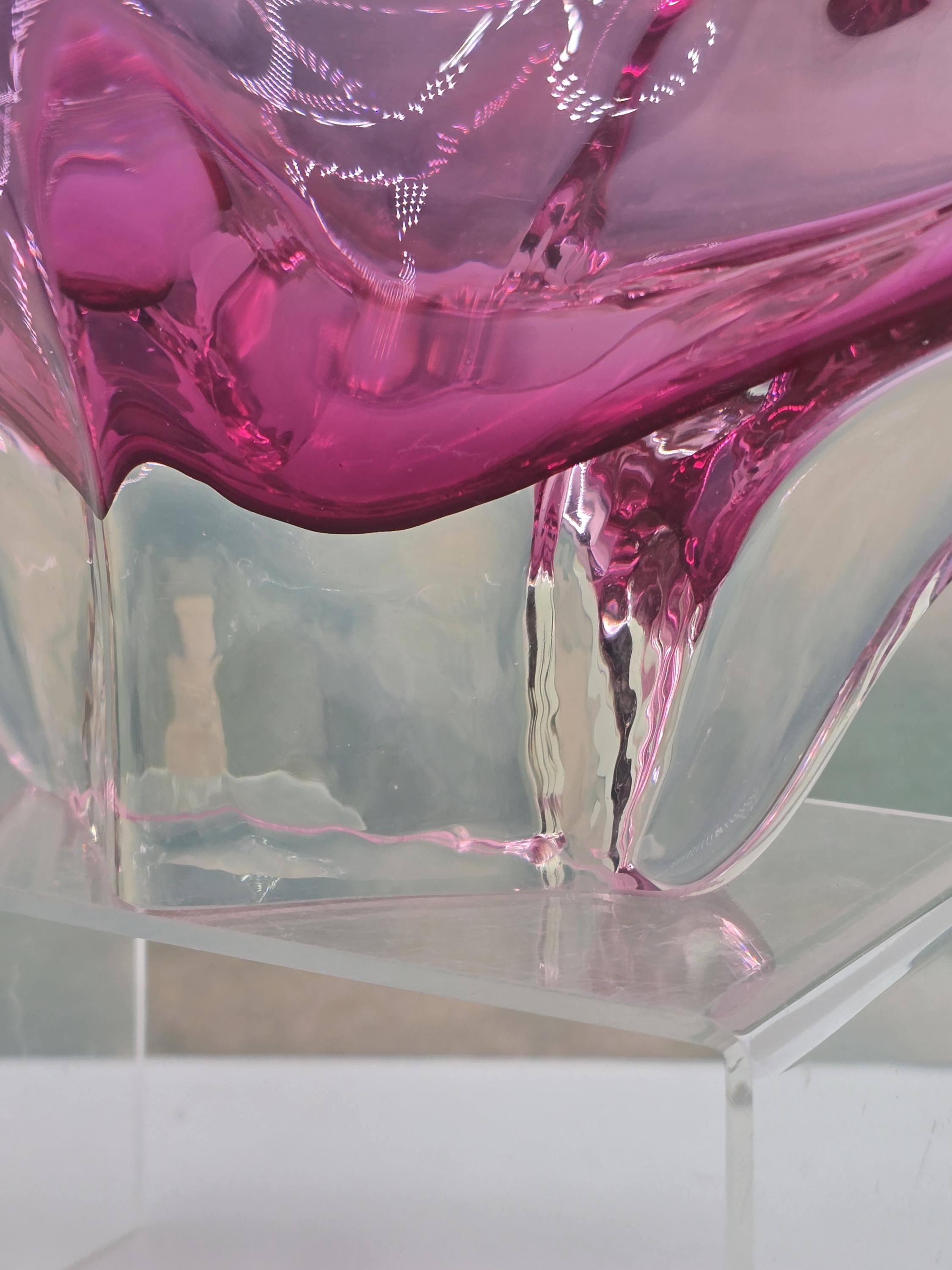 Vintage Murano Italian Pink Art Glass Bowl – Sommerso Base, Winged
