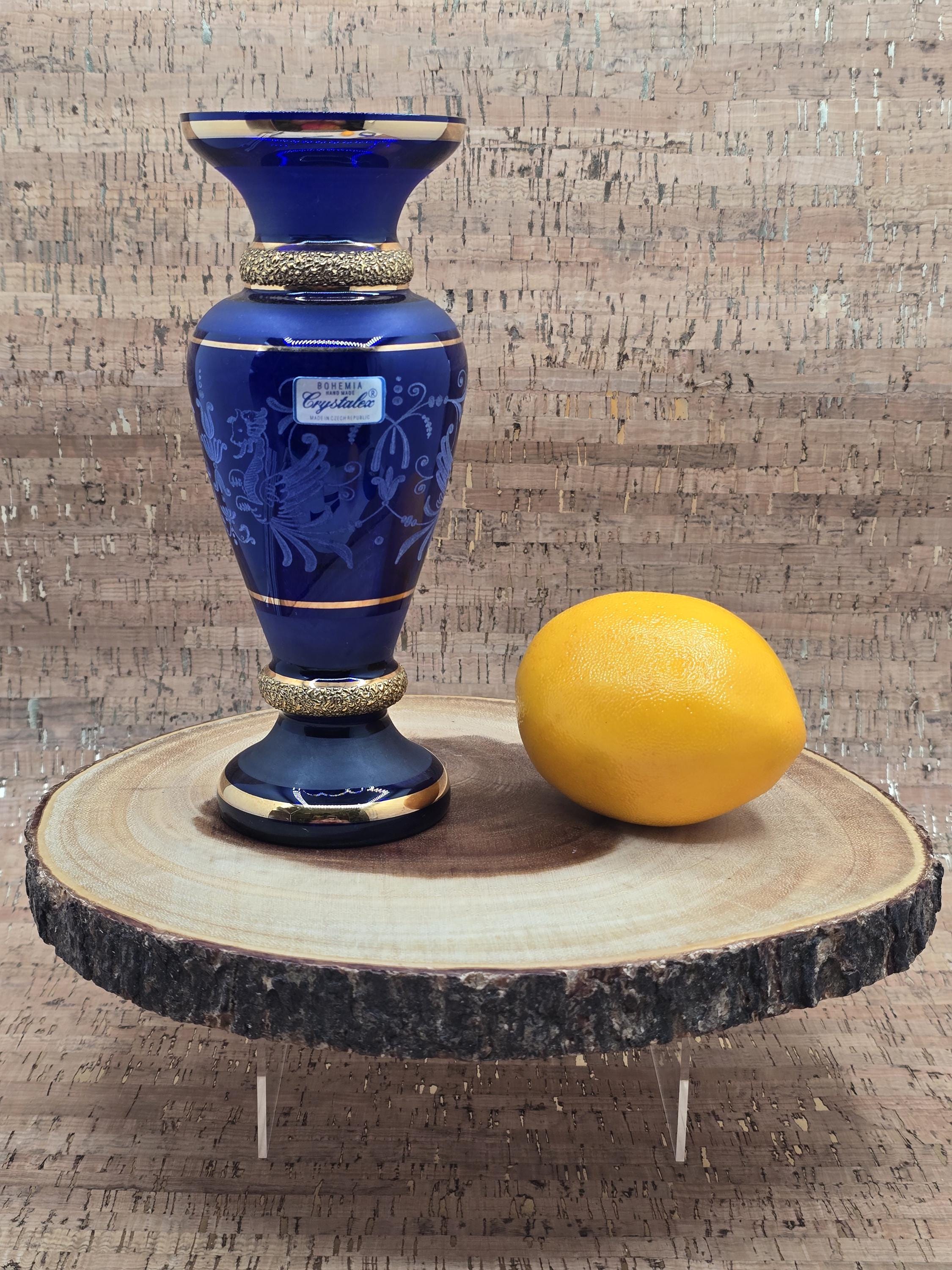 ボヘミアンクリスタル　 青色ガラス花瓶 金色装飾付き ボヘミアンクリスタル 青色ガラス花瓶 金色装飾付き