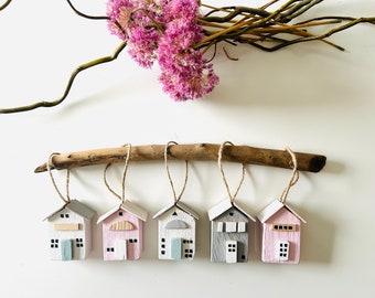 5 piece set, beach houses for hanging, wooden decoration, hanging decoration