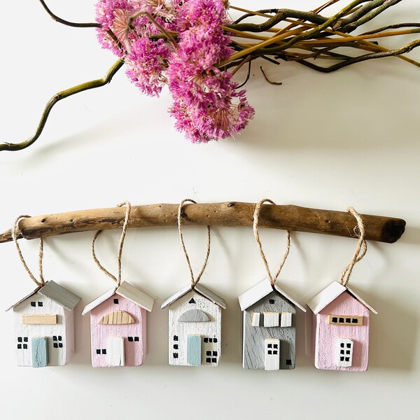 5 piece set, beach houses for hanging, wooden decoration, hanging decoration