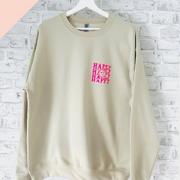 Sweatshirt Trui HAPPY Smiley, beige, neonroze, S-XXL