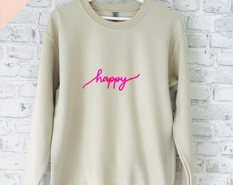 Sweatshirt Sweater HAPPY Schriftzug, beige, neonpink, S-XXL