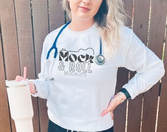 White Gildan 18000 Mockup Nurse Model | Nurse Sweatshirt Model Mockup | Nurse Sweatshirt Mockup White | Healthcare Scrubs Sweatshirt Mockup