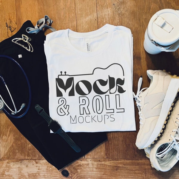 Trendy Nurse Mockup Bella 3001 White | Nurse Mockup 3001 White | Nurse Stethoscope Scrubs Tshirt Mockup White | Nurse Flat Lay Shirt Mockup