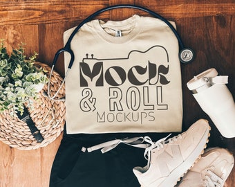 Stone Comfort Colors Mockup | Nurse Stethoscope Scrubs Mockup Stone Comfort Colors Folded Mockup | Folded Flat Lay Mockup | Aesthetic Mockup