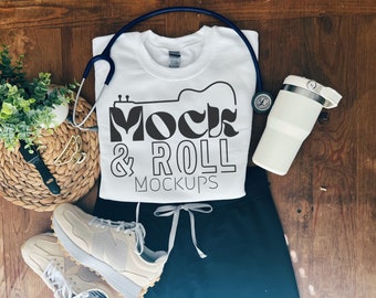 White Gildan 18000 Mock Up Stethoscope Nurse Scrubs Mockup | Folded Gildan Mockup White | Nurse Sweatshirt Mockup White | Aesthetic Mockup