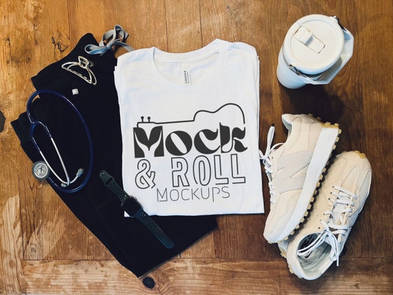 Trendy Nurse Mockup Bella 3001 White | Nurse Mockup 3001 White | Nurse Stethoscope Scrubs Tshirt Mockup White | Nurse Flat Lay Shirt Mockup