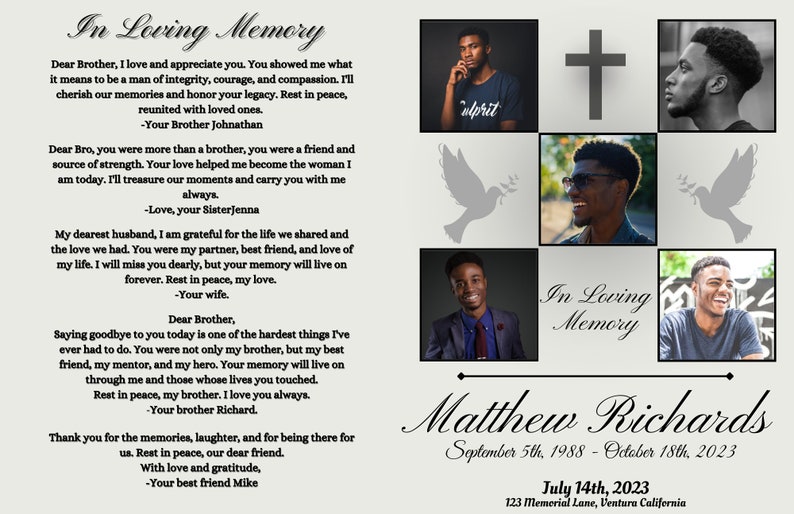 Editable Funeral Program Template 4 Pages Loving Memory Photo