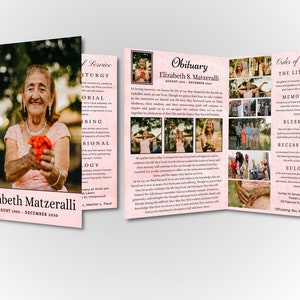 Funeral Program Bi-Fold Brochure Template- Pink Women&#39;s Design- Self Editable In Canva - Print Size 17&quot; x 11&quot;  / Folds to 8.5&quot; x 11&quot;