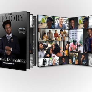 Könnte beinhalten: Ein schwarz-weißes Gedenkheft mit einem Foto eines Mannes auf dem Cover. Das Cover trägt die Aufschrift "In Loving Memory" und "Michael Barrymore". Das Heft ist auf einer Seite mit einer Fotocollage des Mannes geöffnet.