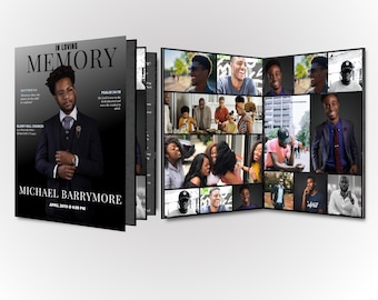 May include: A black and white memorial booklet with a photo of a man on the cover. The cover reads "In Loving Memory" and "Michael Barrymore". The booklet is open to a page with a collage of photos of the man.