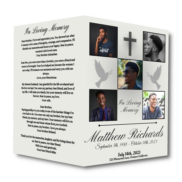 Editable Funeral Program Template | 4 Pages | Loving Memory Photo Collage  Obituary & Order of Service | Canva-Ready Design
