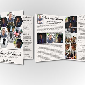 Plantilla de programa funerario, Collage fotográfico hexagonal, Edición automática con Canva, Descarga instantánea, Folleto de 4 páginas de recuerdo funerario