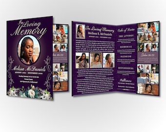 May include: Purple funeral program with a photo of a woman and text that reads "In Loving Memory Melissa S. McDaniels August 1950 - December 2010" and "Order of Service The Liturgy Memorial Blessing Recessional Pallbearers John 16:22"