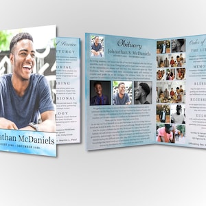 Funeral Program Bi-Fold Brochure - SkyBlue Obituary Template Design - Self Editable In Canva - Print Size 17&quot; x 11&quot;  / Folds to 8.5&quot; x 11&quot;