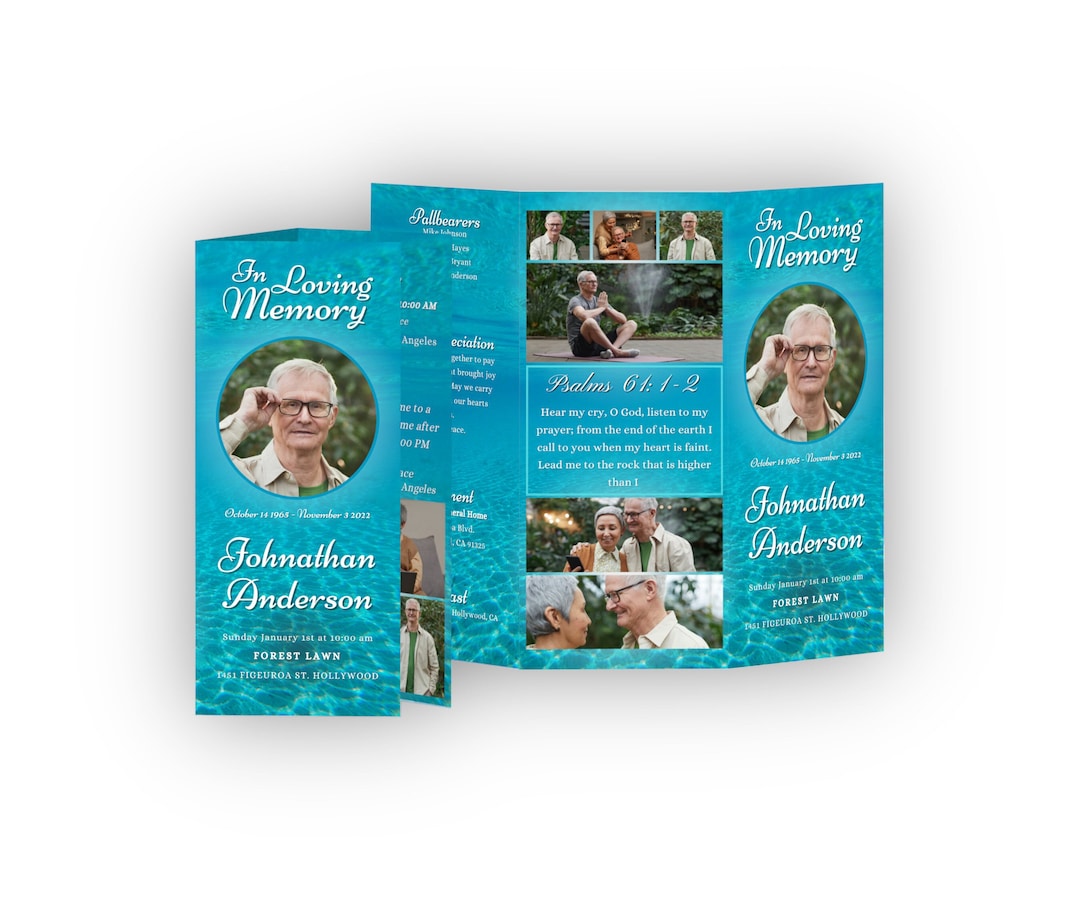 Ocean Blue Funeral Trifold Brochure Program Template, Printed or