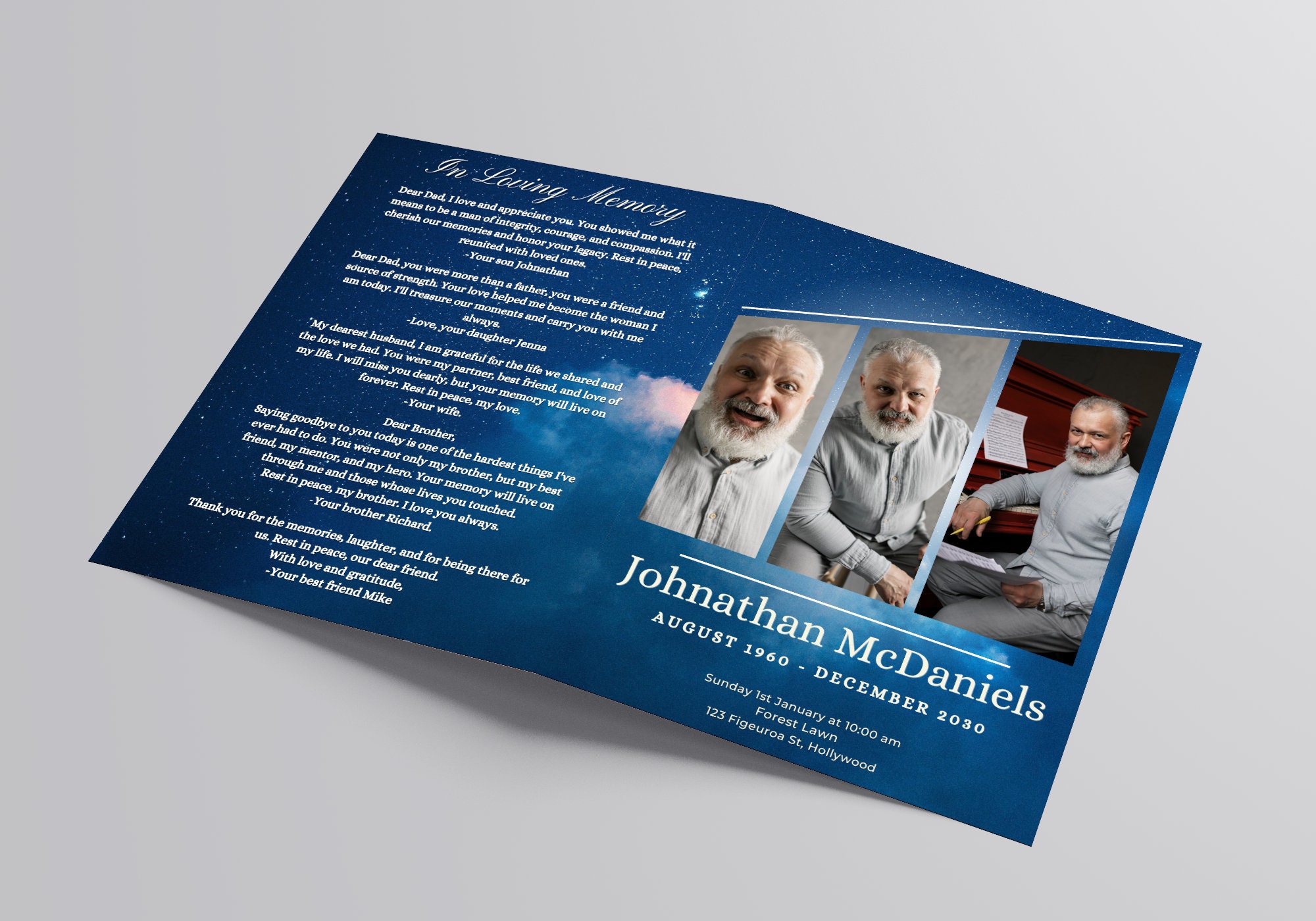 Funeral Brochure Template for Memorial Services Bifold Obituary Self Editable in Canva Print